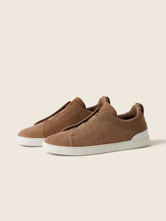 Zegna Dark Beige Suede Triple Stitch Sneakers