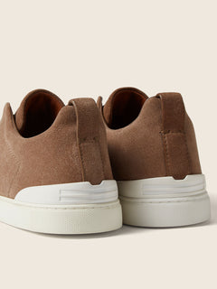 Zegna Dark Beige Suede Triple Stitch Sneakers