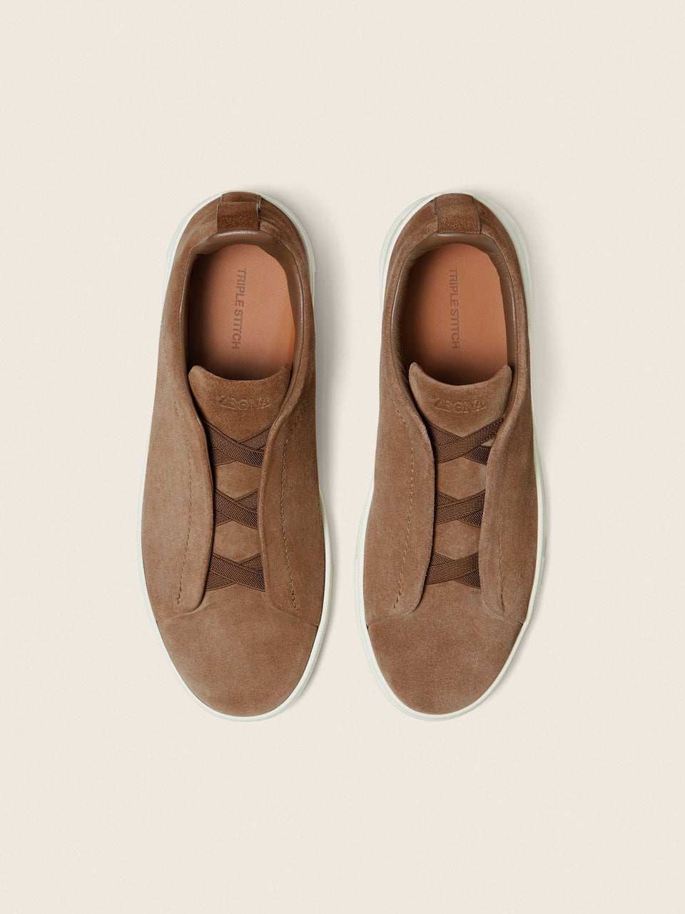 Zegna Dark Beige Suede Triple Stitch Sneakers