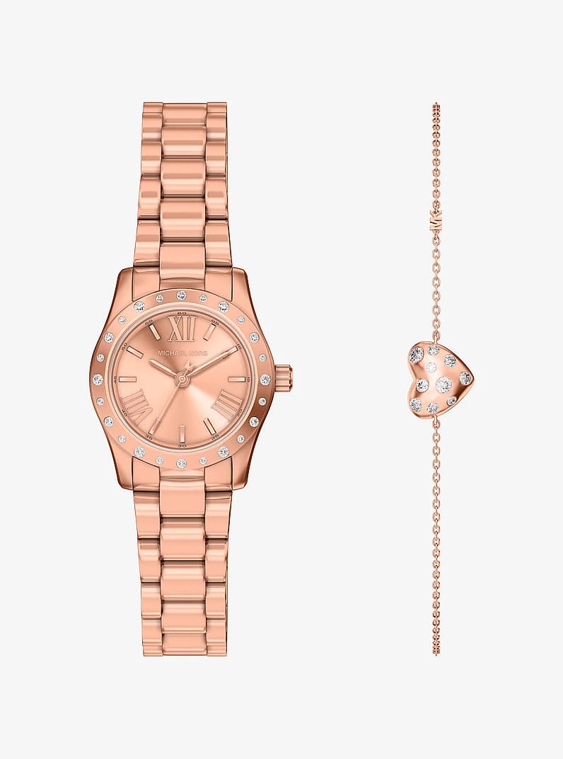 Michael Kors Petite Lexington Pav Rose Gold-Tone Watch And Heart Bracelet Gift Set