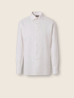 Zegna Light Taupe And White Striped Cotton Linen And Silk Shirt
