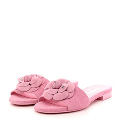 Suede Calfskin Camellia CC Slides