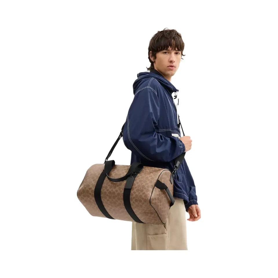 Coach Explorer Duffle Bag 45 In Signature Canvas Matte Black Tan Black