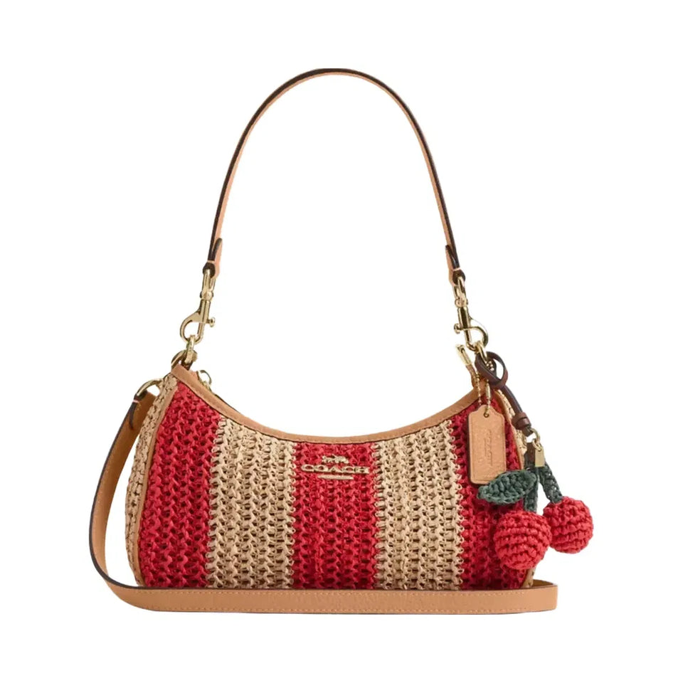 Coach Teri Shoulder Bag With Stripes And Charm in Gold Red Tan