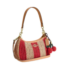 Coach Teri Shoulder Bag With Stripes And Charm in Gold Red Tan
