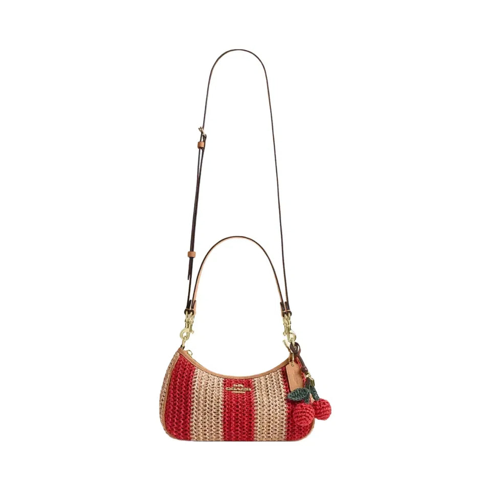 Coach Teri Shoulder Bag With Stripes And Charm in Gold Red Tan