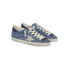 Golden Goose Super-Star In Denim-Blue Suede With Silver Glitter Star