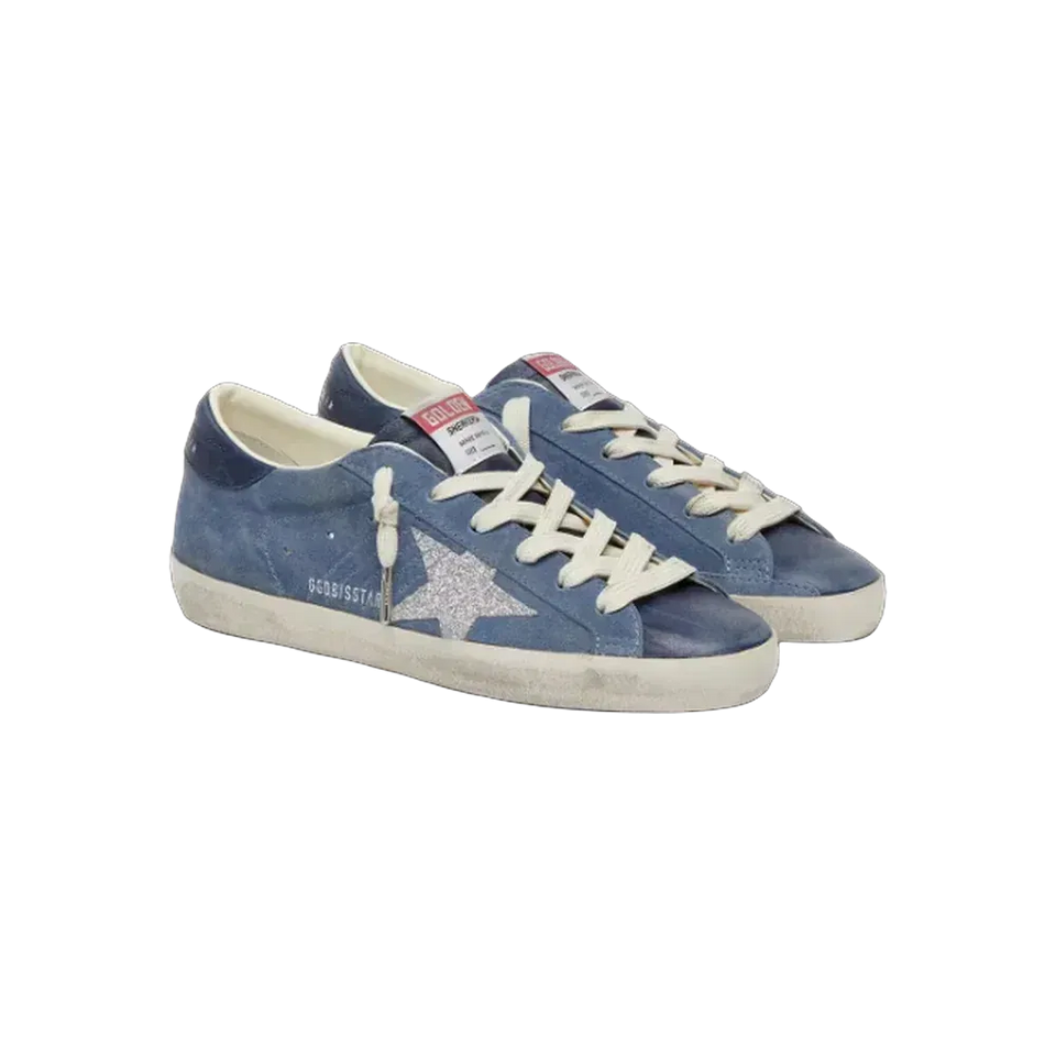 Golden Goose Super-Star In Denim-Blue Suede With Silver Glitter Star