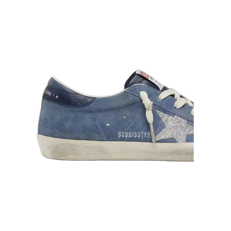 Golden Goose Super-Star In Denim-Blue Suede With Silver Glitter Star