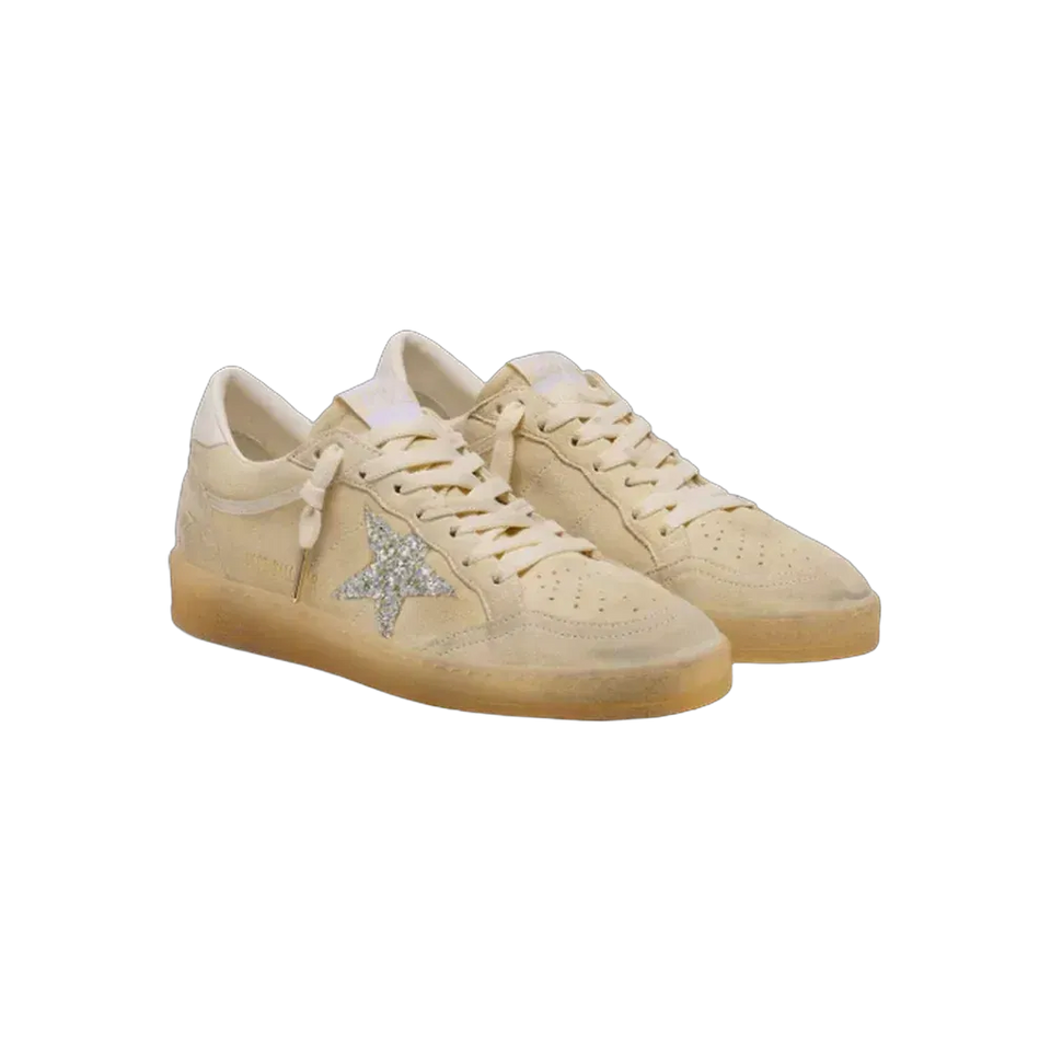 Golden Goose Ball Star In Pearl Suede With Silver Glitter Star