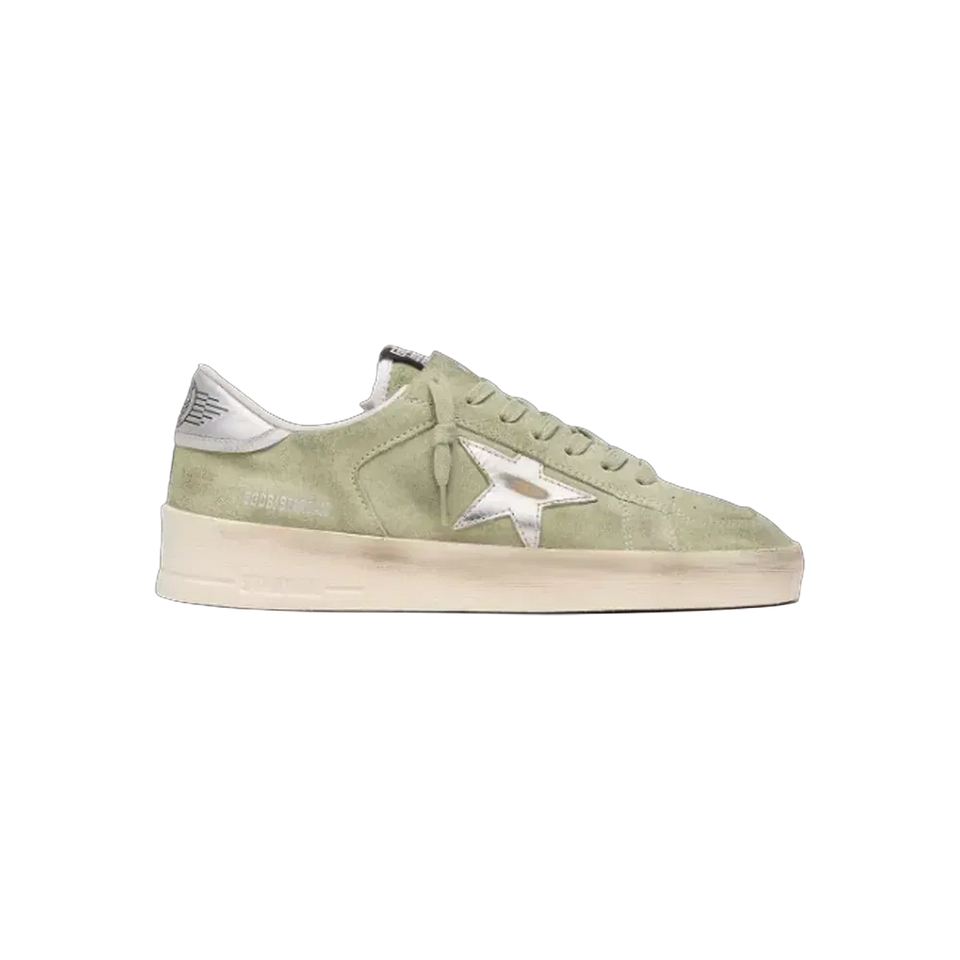 Golden Goose Stardan In Sage-Green Suede With Metallic Silver Star