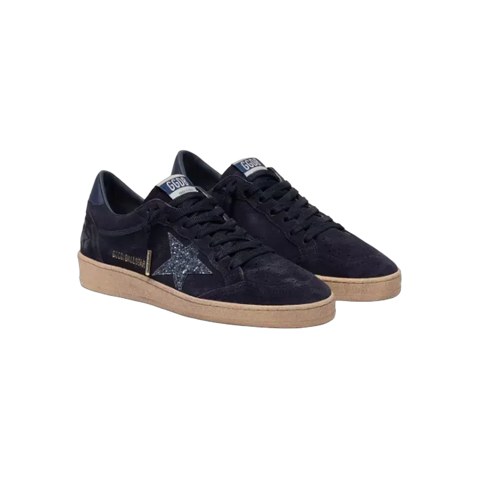 Golden Goose Ball Star In Dark Blue Suede With Dark Blue Glitter Star