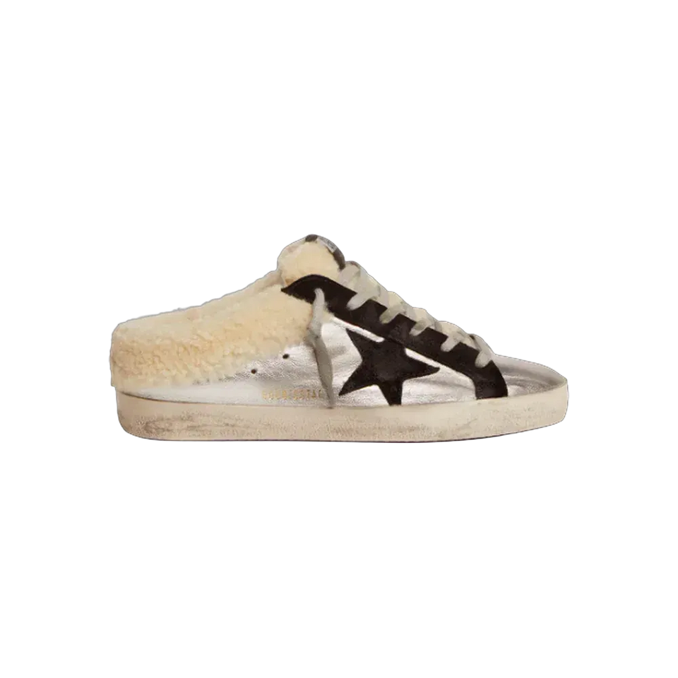 Golden Goose Super-Star Sabot In Silver Laminated Leather With Black Star