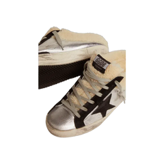 Golden Goose Super-Star Sabot In Silver Laminated Leather With Black Star