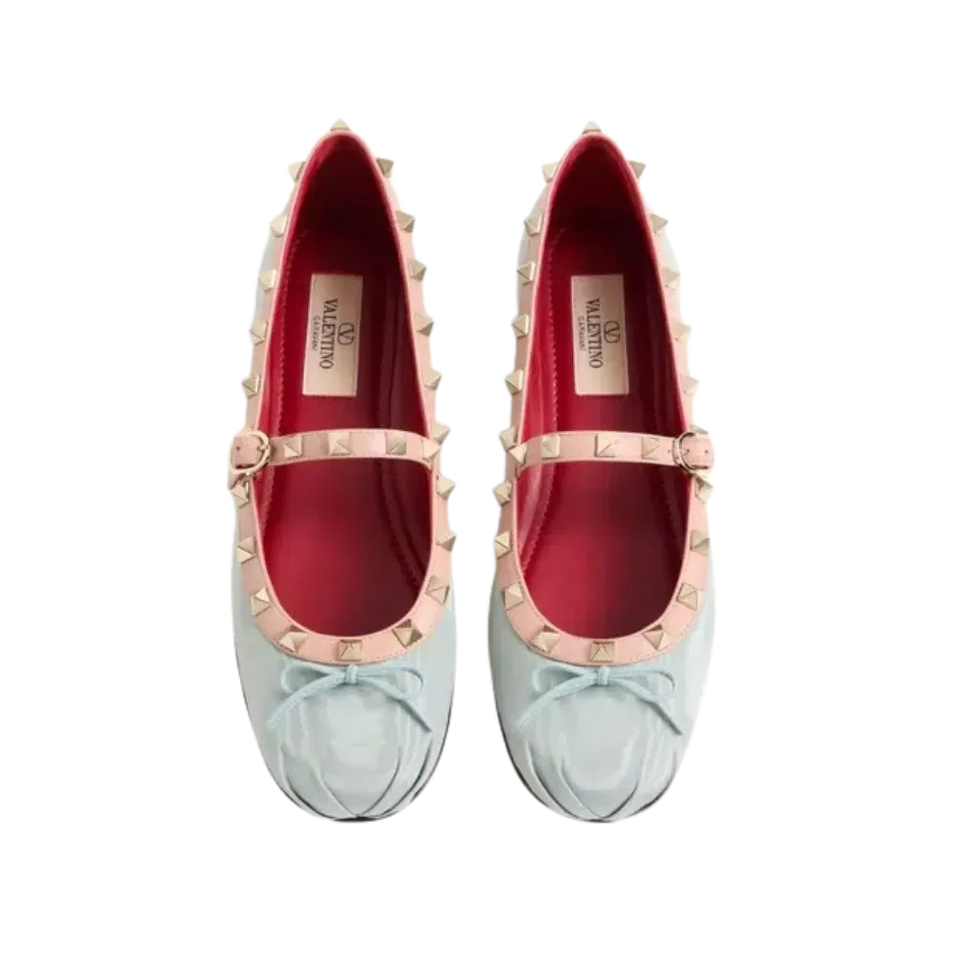 Valentino Mary-Jane Rockstud Ballerina In Moire Fabric 05mm Azure