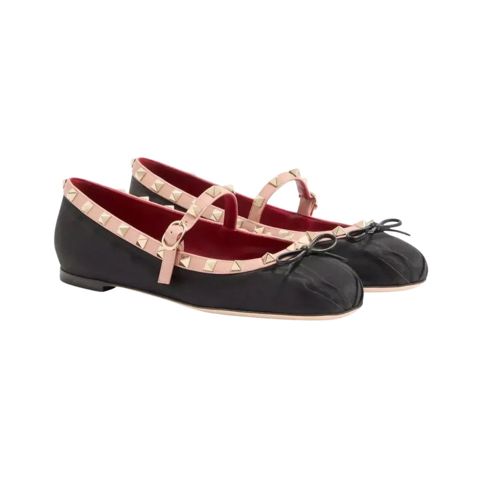 Valentino Mary-Jane Rockstud Ballerina In Moire Fabric 05mm Black