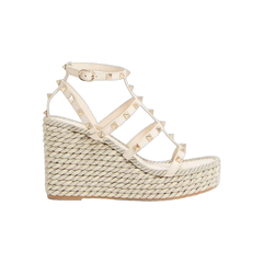 Valentino Rockstud Calfskin Wedge Sandal With Straps 95mm Light Ivory