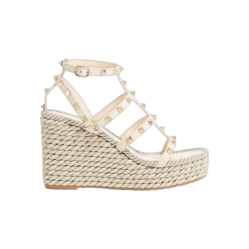 Valentino Rockstud Calfskin Wedge Sandal With Straps 95mm Light Ivory