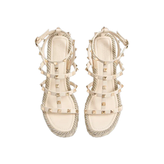 Valentino Rockstud Calfskin Wedge Sandal With Straps 95mm Light Ivory