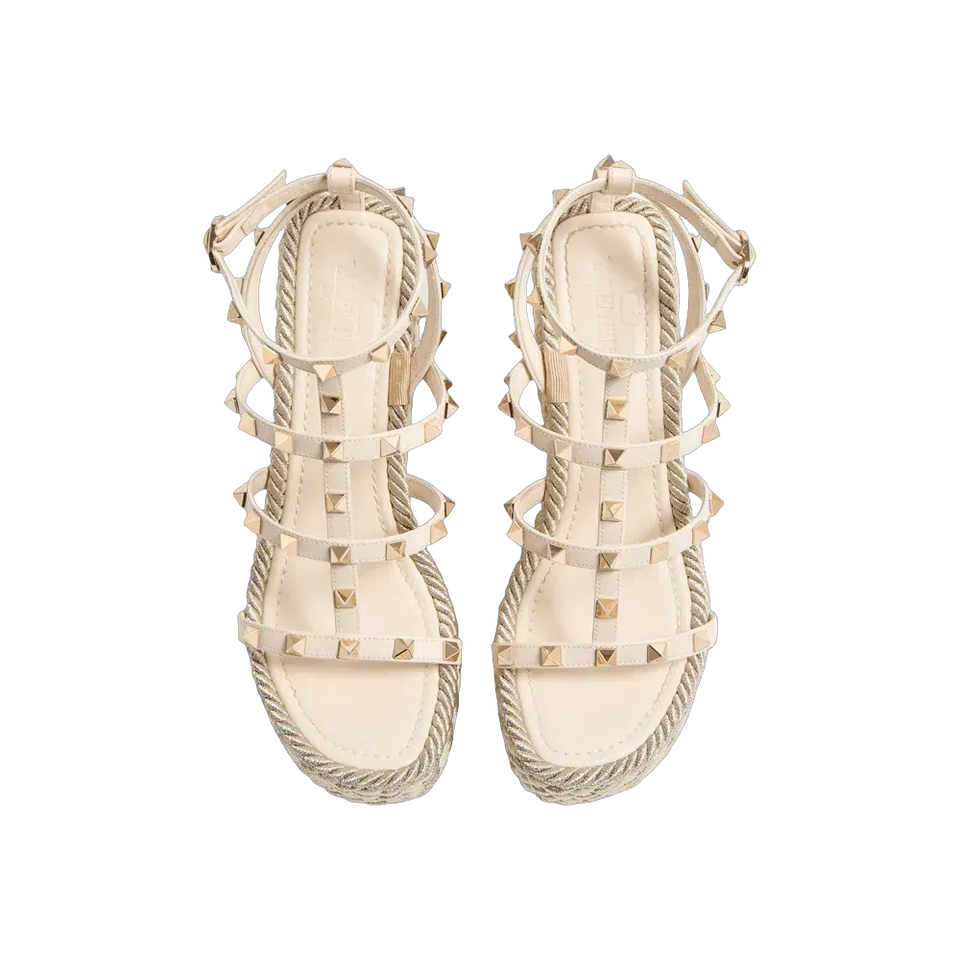 Valentino Rockstud Calfskin Wedge Sandal With Straps 95mm Light Ivory
