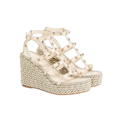 Valentino Rockstud Calfskin Wedge Sandal With Straps 95mm Light Ivory