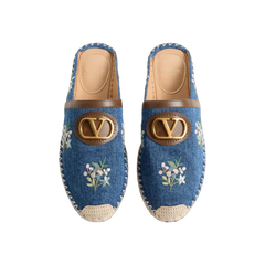 Valentino VLogo Signature Mule In Denim With Floral Embroidery 25mm Denim