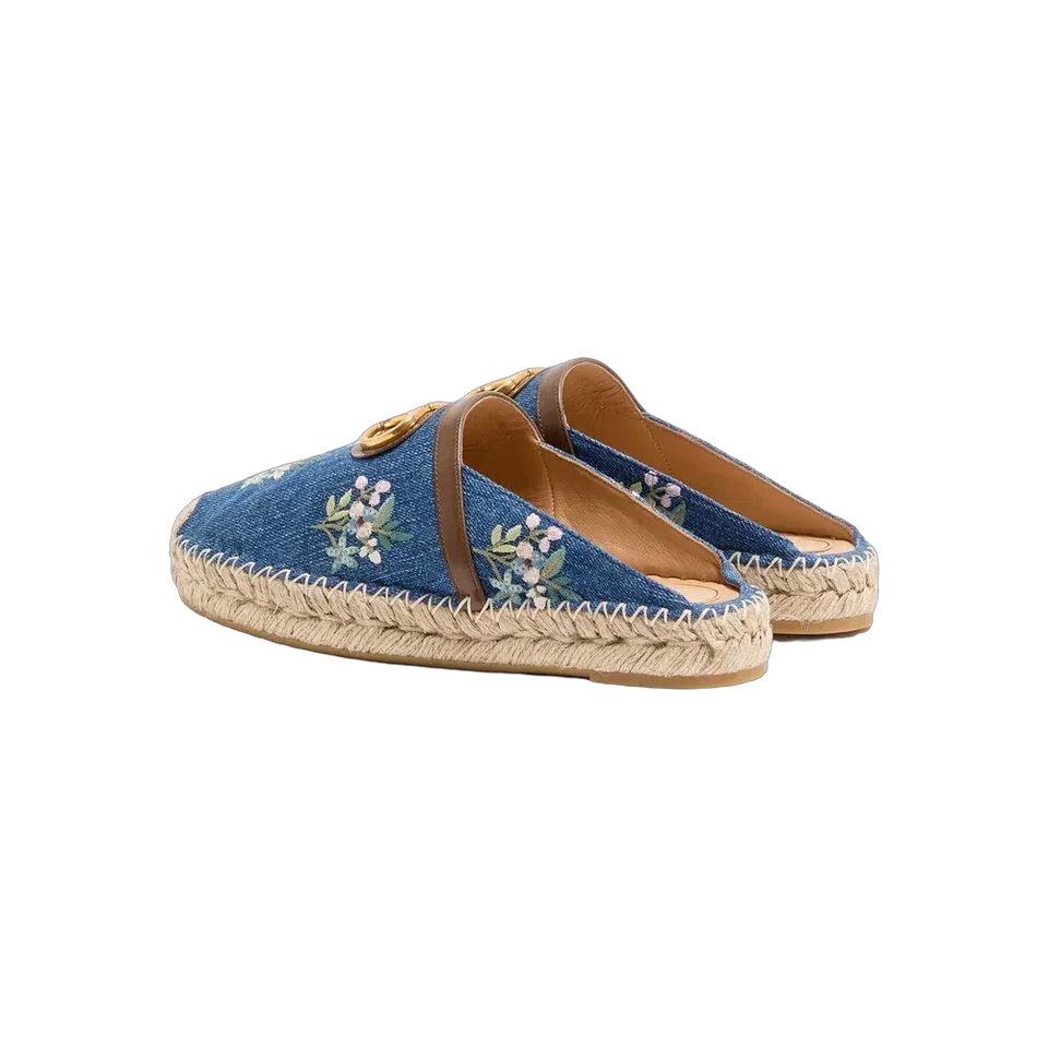 Valentino VLogo Signature Mule In Denim With Floral Embroidery 25mm Denim