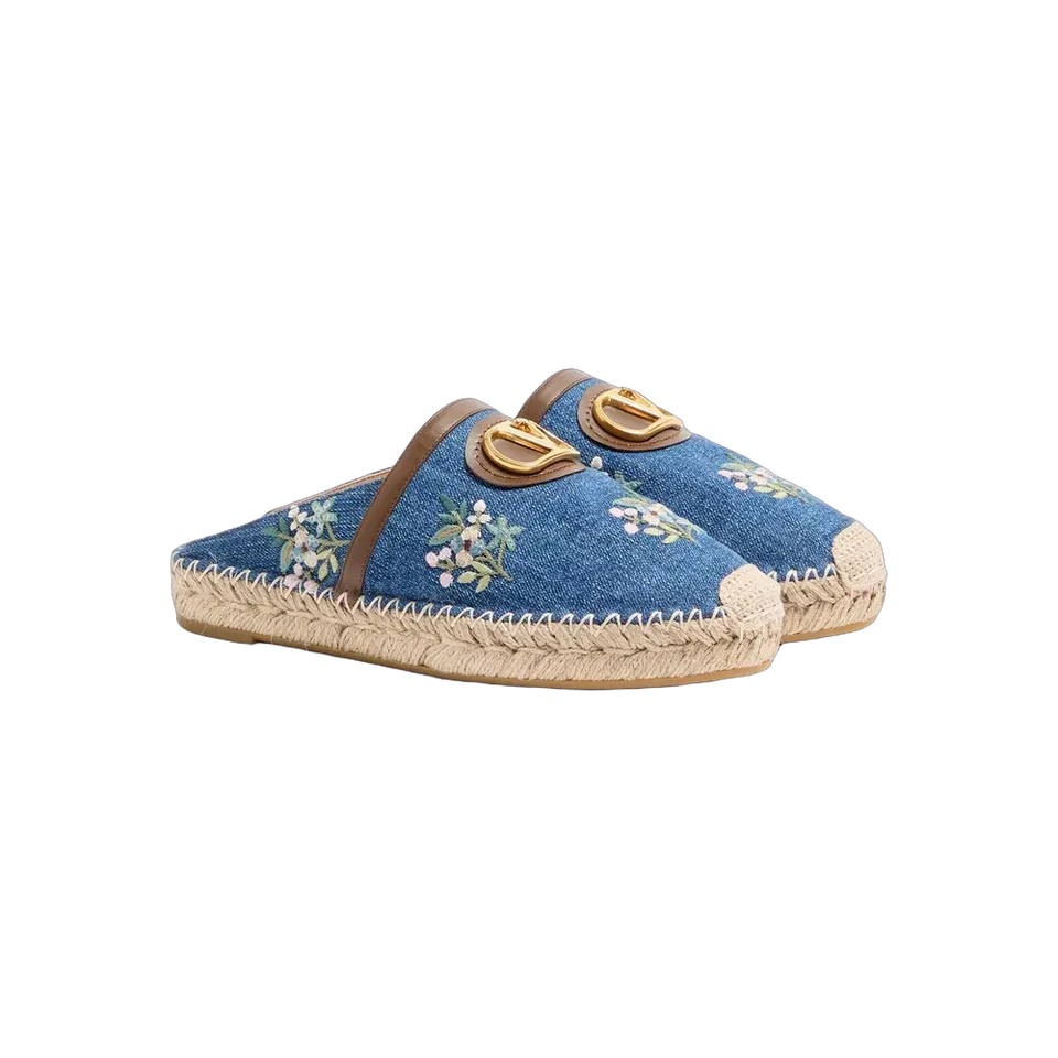Valentino VLogo Signature Mule In Denim With Floral Embroidery 25mm Denim