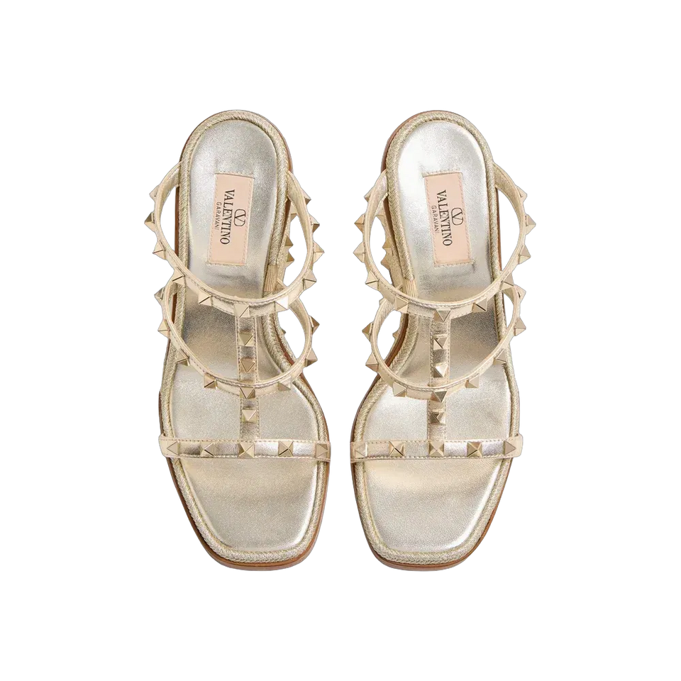 Valentino Rockstud Wedge Sandal In Laminated Nappa With Cornely Embroidery 100 mm Platinum