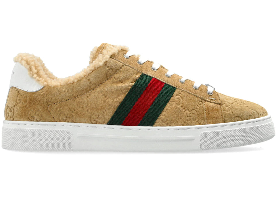 Gucci Ace Fur Trim Suede Beige Womens