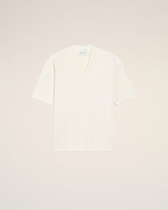 AmiParis White Wool Short Sleeves V Neck Sweater Cream Women's