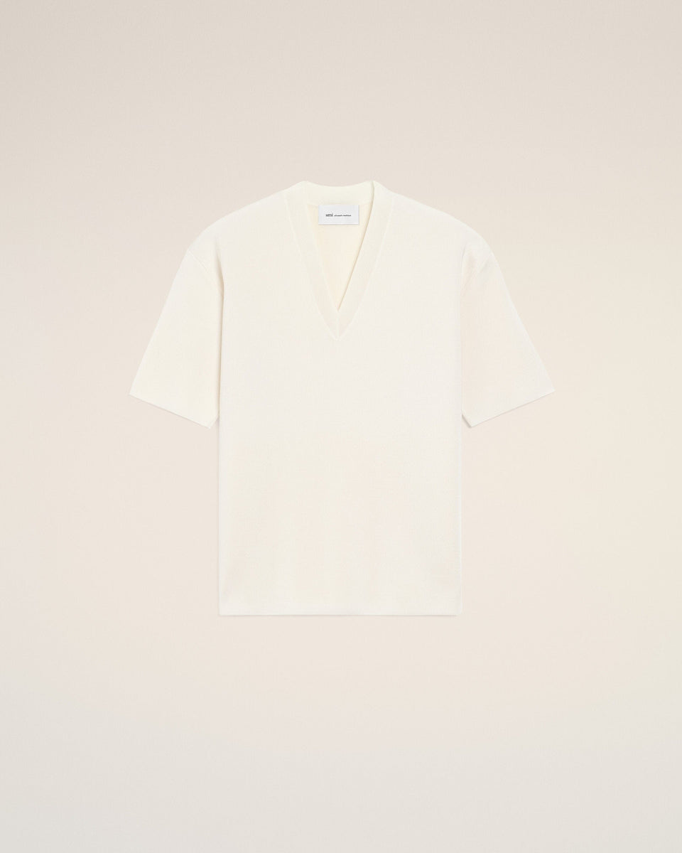 AmiParis White Wool Short Sleeves V Neck Sweater Cream Women's