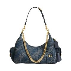 Coach Pocket Juliet Bag 30 In Regenerative Cotton Denim With Quilting in Brass Dark Indigo