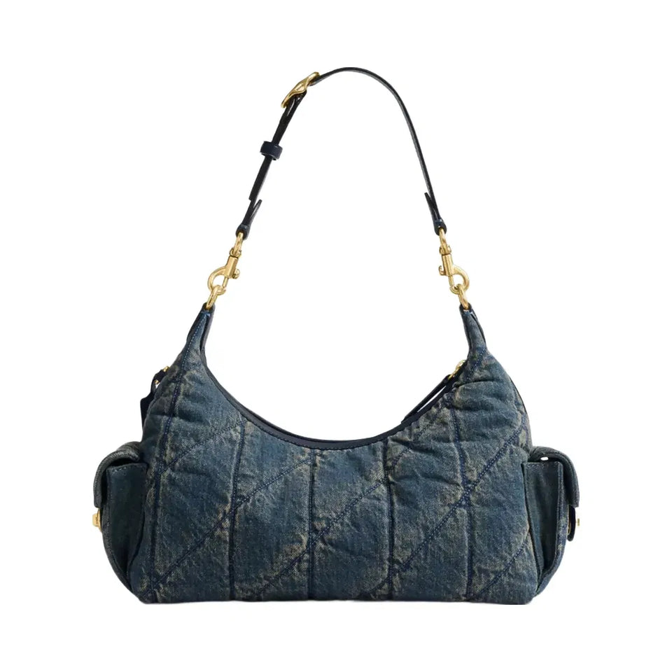 Coach Pocket Juliet Bag 30 In Regenerative Cotton Denim With Quilting in Brass Dark Indigo