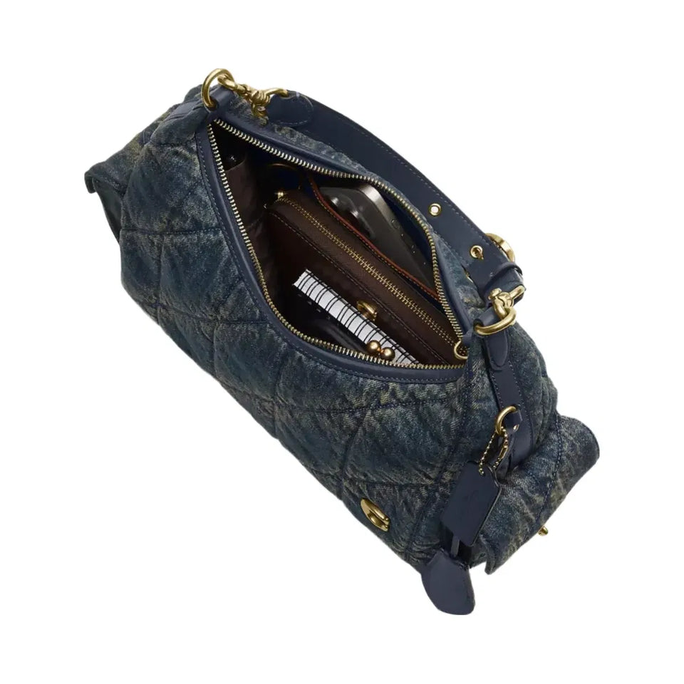Coach Pocket Juliet Bag 30 In Regenerative Cotton Denim With Quilting in Brass Dark Indigo
