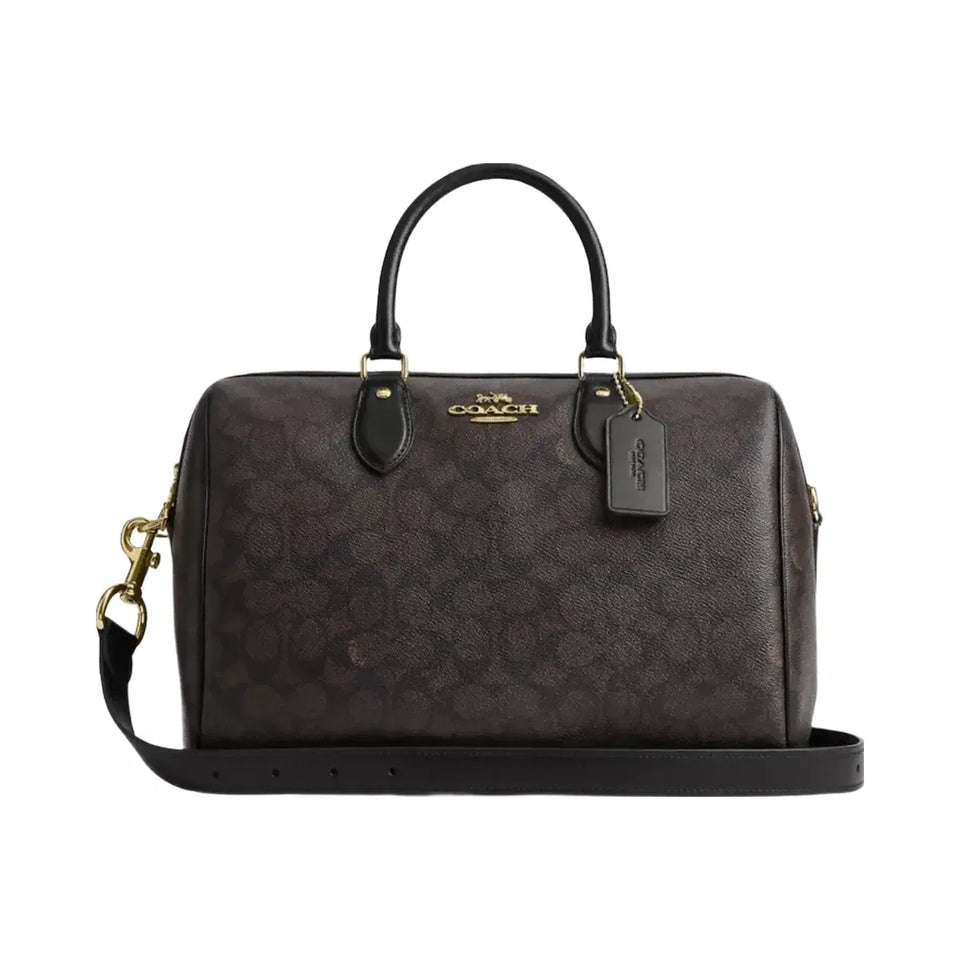 Coach Rowan Large Satchel Bag In Signature Canvas in Gold Walnut Black