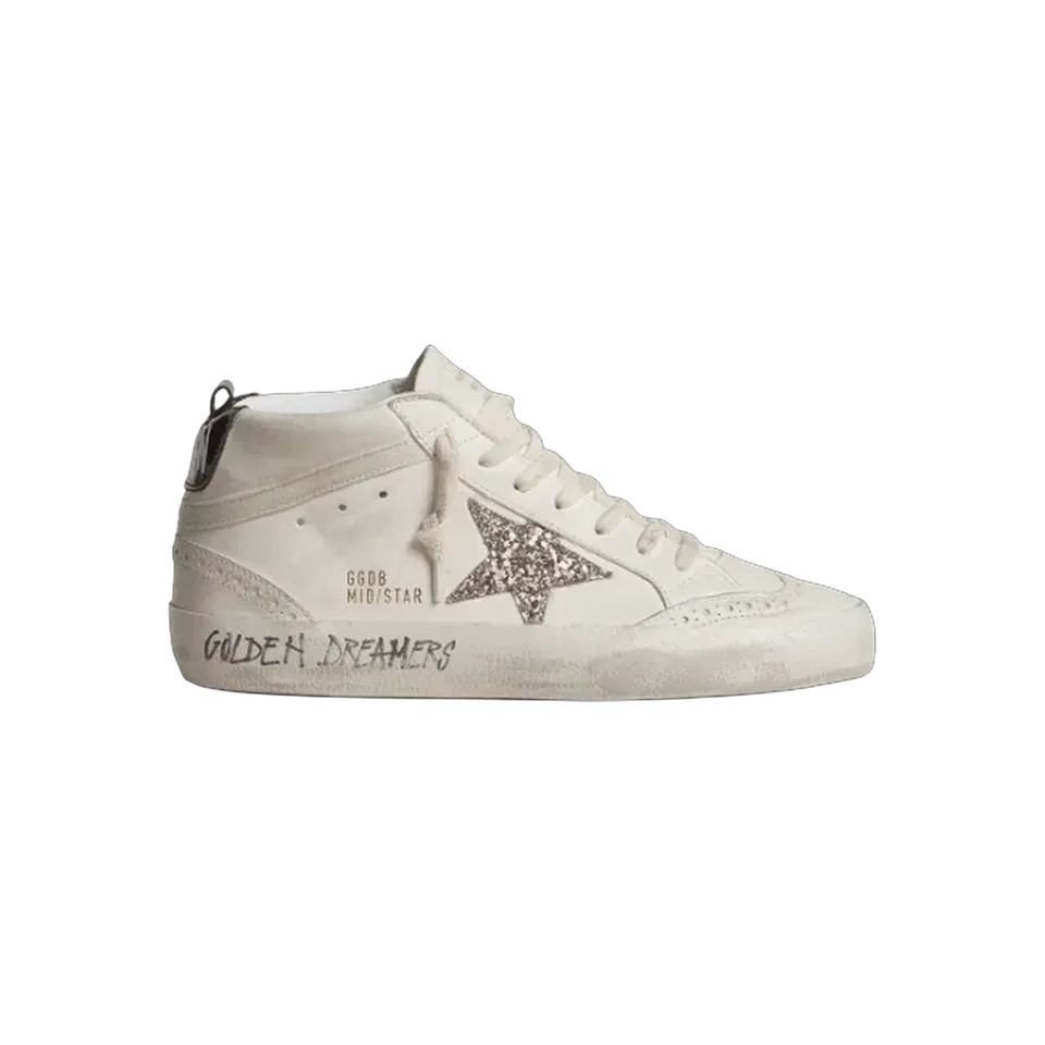 Golden Goose Mid Star With Silver Glitter Star And Black Laminated Heel Tab