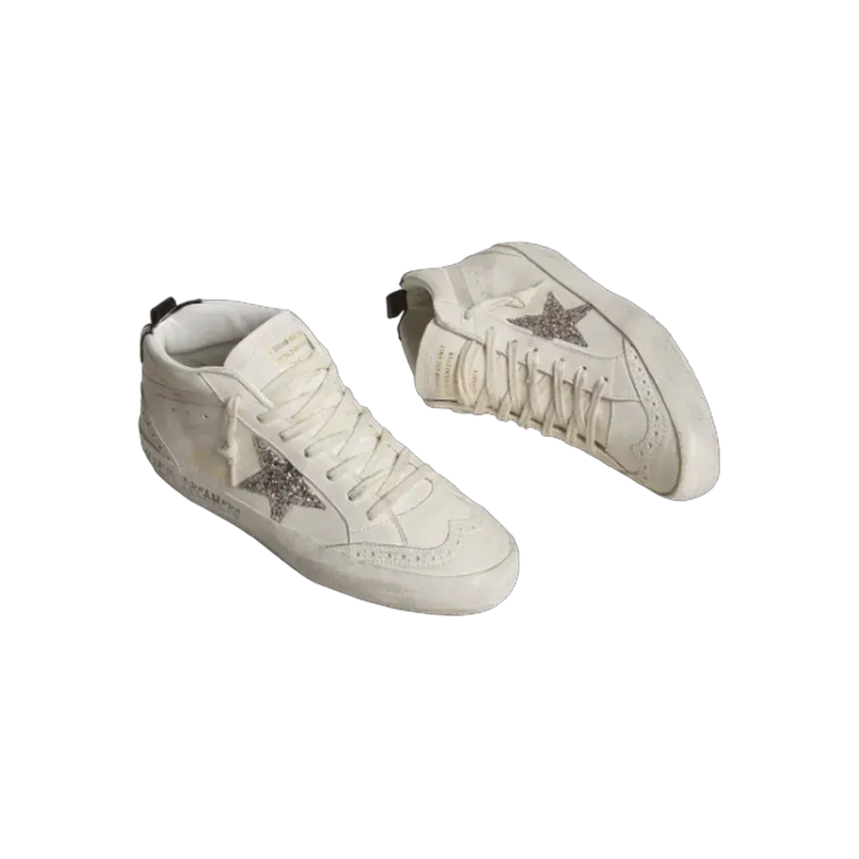 Golden Goose Mid Star With Silver Glitter Star And Black Laminated Heel Tab