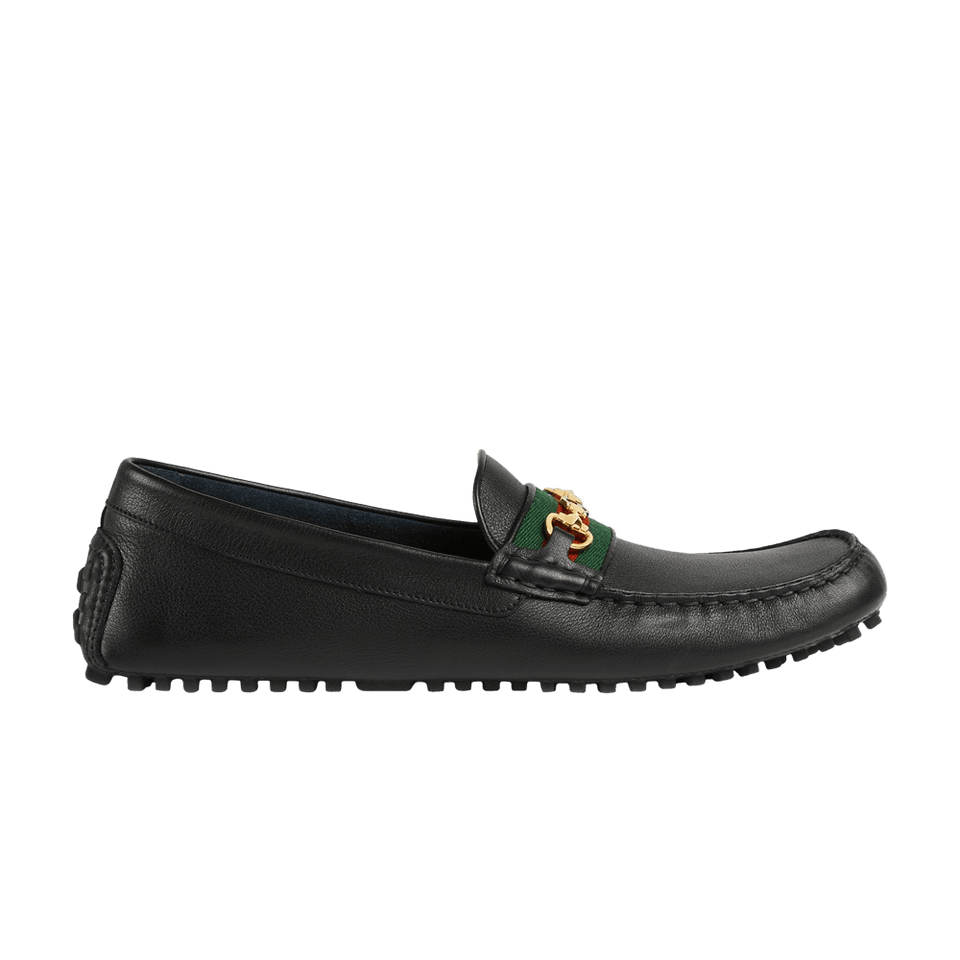 Gucci Ayrton Webbing-Trimmed Horsebit Leather Driver Loafers Black