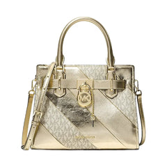 Michael Kors Hamilton Small Metallic and Signature Logo Satchel Pale Gold