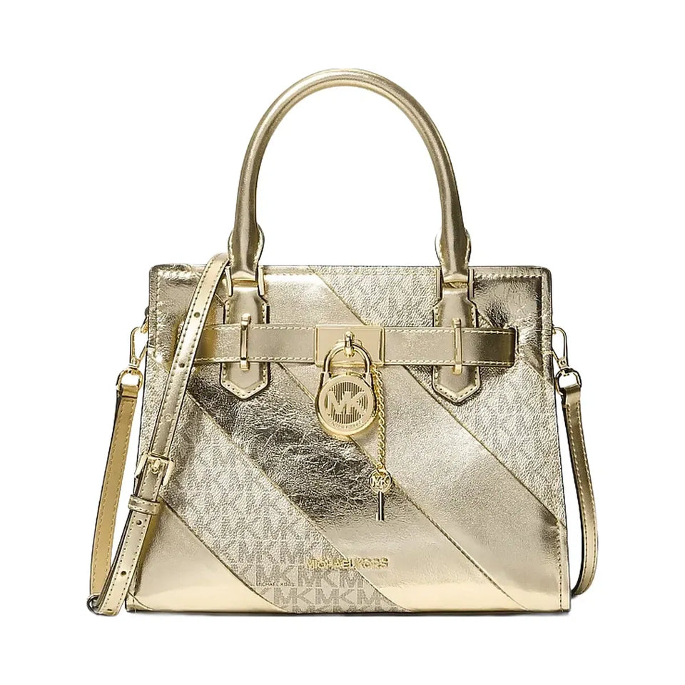 Michael Kors Hamilton Small Metallic and Signature Logo Satchel Pale Gold