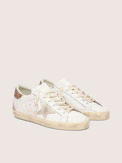 Golden Goose Womens Super-Star With A Suede Star And Peach-Pink Glitter Heel Tab Womens