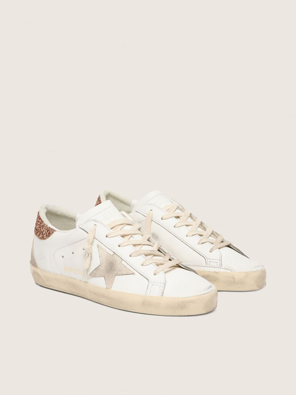 Golden Goose Womens Super-Star With A Suede Star And Peach-Pink Glitter Heel Tab Womens