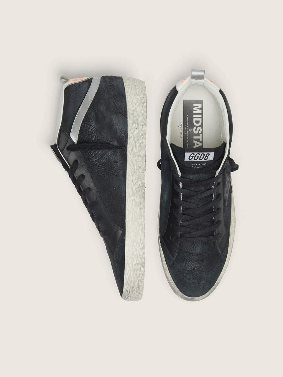Golden Goose Mens Mid Star In Nubuck With Black Leather Star And Silver Flash Mens