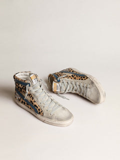 Golden Goose Womens Slide In Leopard Print Pony Skin With Silver Leather Star Womens