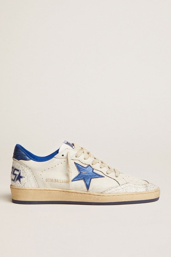 Golden Goose Womens Ball Star In White Nappa With Bright Blue Metallic Leather Star And Heel Tab Womens