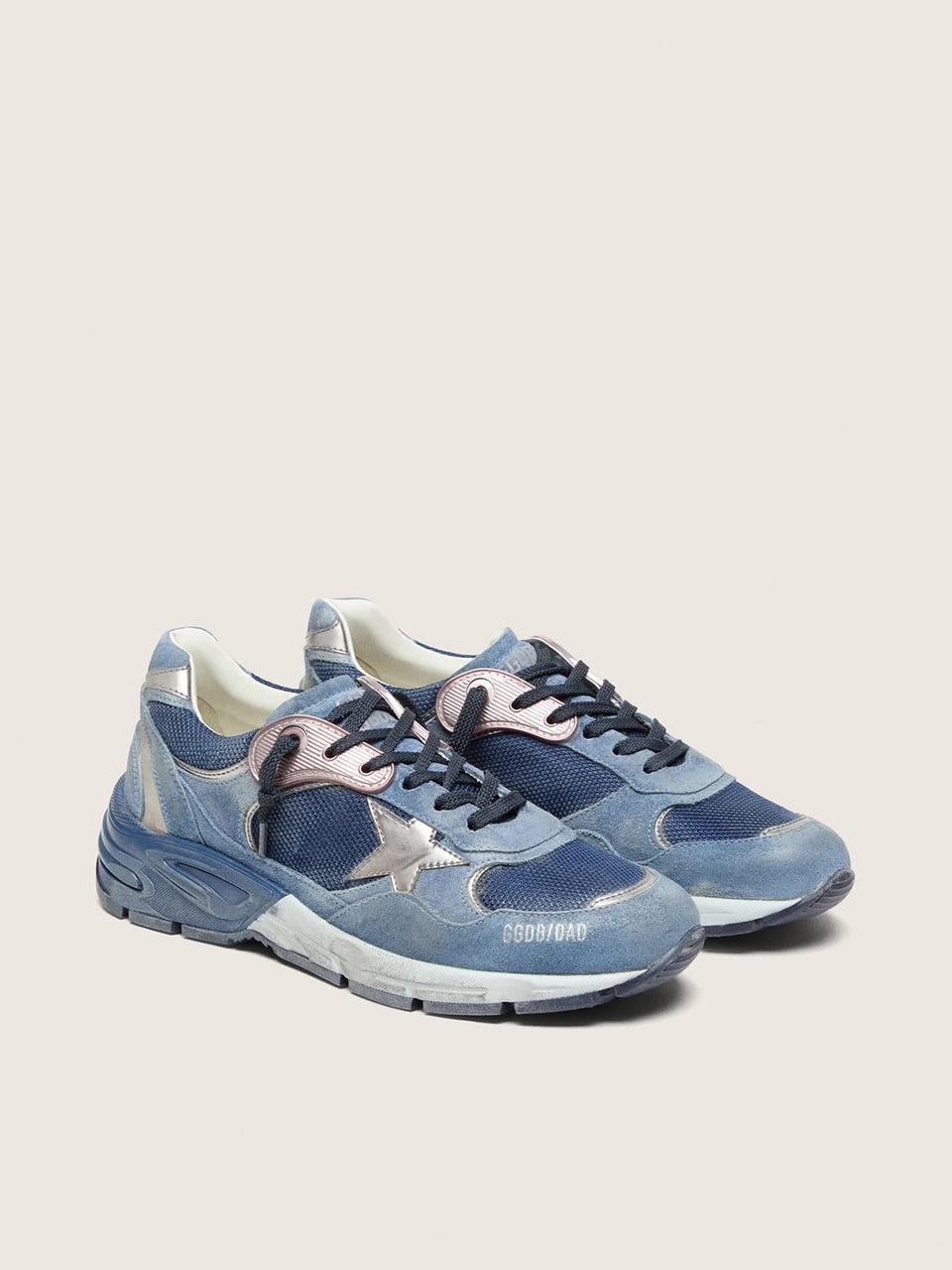 Golden Goose Mens Dad-Star In Denim-Blue Suede With Silver Leather Star Mens