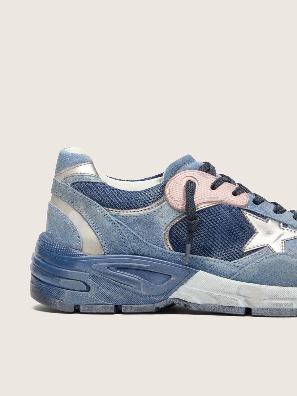 Golden Goose Mens Dad-Star In Denim-Blue Suede With Silver Leather Star Mens