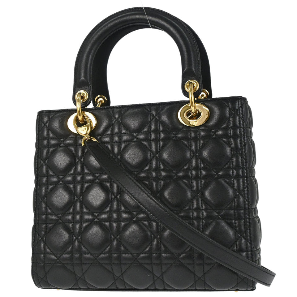 Christian Dior Black Lambskin Medium Lady Dior Cannage 2way Shoulder Handbag