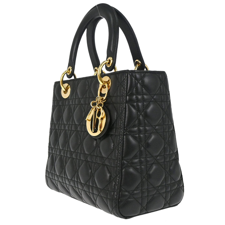 Christian Dior Black Lambskin Medium Lady Dior Cannage 2way Shoulder Handbag